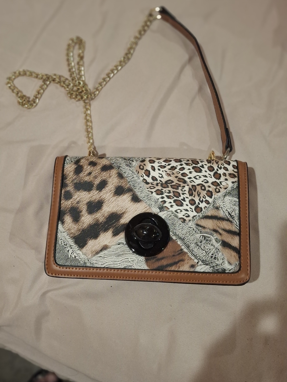 Animal Patchwork Crossbody Bag with Gold Chain And Leather Straps